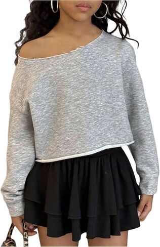 Girl's Off Shoulder Long Sleeve Crop Sweatshirt Asymmetrical Neck Loose Pullover Tops in Saudi Arabia