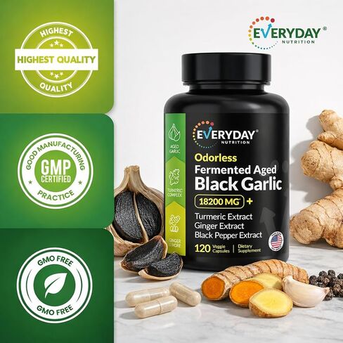 Odorless Fermented Aged Black Garlic Extract with Turmeric Complex, Ginger, Black Pepper Extract, 120 Veggie Capsules in Saudi Arabia
