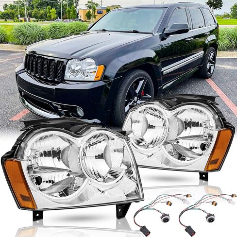 Headlights Assembly Pair for 2008 2009 2010 Jeep Grand Cherokee Halogen Headlamps with Wiring Harness Replacement Driver and Passenger Side,Chrome Housing Amber Reflector in Saudi Arabia