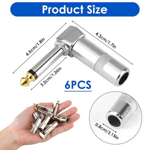 6 Pcs 1/4 Inch 90 Degree Right Angle Plug, 6.35mm TS Mono Male Audio Connector, for Guitar Speaker Microphone Cable Soldering Repair Nickel Plated Brass Construction in Saudi Arabia