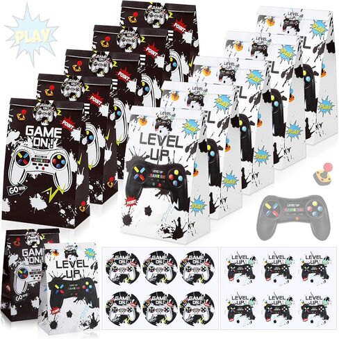 Geosar 30 Pcs Video Game Party Bags Gamer Theme Gift Bags Bulk Party Favors with 30 Stickers Reusable Goodie Treat Candy Snacks Paper Supplies for Boys Kids Birthday Gift Decorations(Blue) in Kuwait