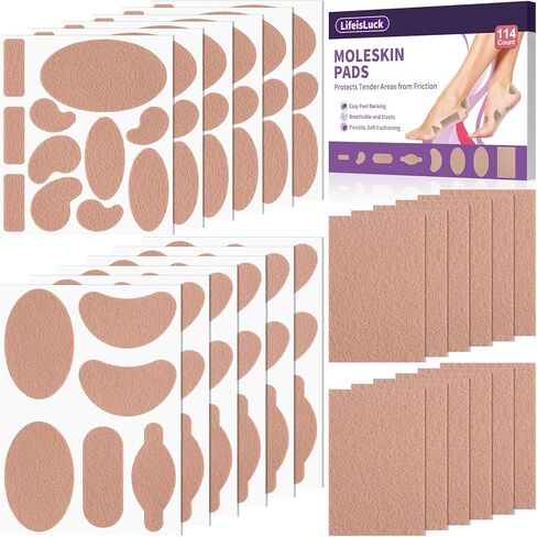 114 قطعة من وسادات منع الالتصاق للبثور للقدمين، 12 شكلًا من القطن الناعم ملصقات شريطية من الجلد الخلد شرائط مولسكين للقدمين وبطانة الكعب وأحذية المشي لمسافات طويلة تقلل من آلام الاحتكاك in Kuwait