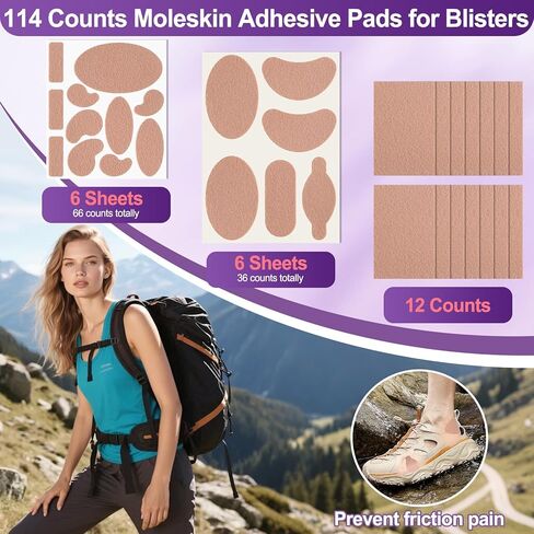 114 قطعة من وسادات منع الالتصاق للبثور للقدمين، 12 شكلًا من القطن الناعم ملصقات شريطية من الجلد الخلد شرائط مولسكين للقدمين وبطانة الكعب وأحذية المشي لمسافات طويلة تقلل من آلام الاحتكاك in Kuwait