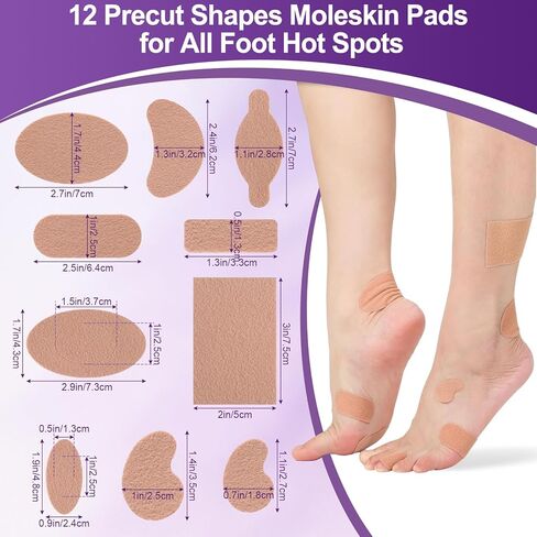 114 قطعة من وسادات منع الالتصاق للبثور للقدمين، 12 شكلًا من القطن الناعم ملصقات شريطية من الجلد الخلد شرائط مولسكين للقدمين وبطانة الكعب وأحذية المشي لمسافات طويلة تقلل من آلام الاحتكاك in Kuwait
