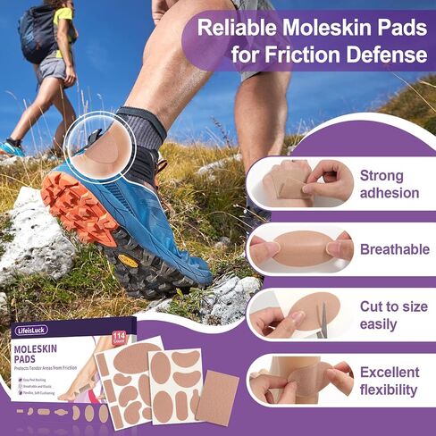 114 قطعة من وسادات منع الالتصاق للبثور للقدمين، 12 شكلًا من القطن الناعم ملصقات شريطية من الجلد الخلد شرائط مولسكين للقدمين وبطانة الكعب وأحذية المشي لمسافات طويلة تقلل من آلام الاحتكاك in Kuwait