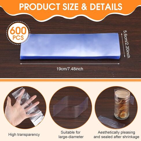 600 قطعة من الأربطة المنكمشة لتغليف الزجاجات والجرار - سدادات زجاجات شفافة قابلة للانكماش بالحرارة 190 × 56 مم لف شريط مثقوب لزجاجات برطمانات ميسون ذات فم واسع 4-11/16 بوصة، شموع صابون آمن للطعام وسهل التمزق in Kuwait