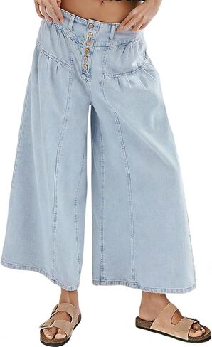 CHARTOU Women Flare Wide Leg Jeans Baggy Cropped Mid Rise Jeans Pleated Ruffle Denim Pants with Pockets in Saudi Arabia