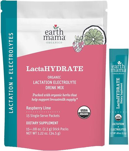 Earth Mama Organic LactaHYDRATE Lactation Hydration Drink Mix - 3.35 oz - USDA Certified Organic Electrolyte Drink with Herbs - Used to Help Support Breastmilk Supply for Breastfeeding & Pumping Moms in Kuwait