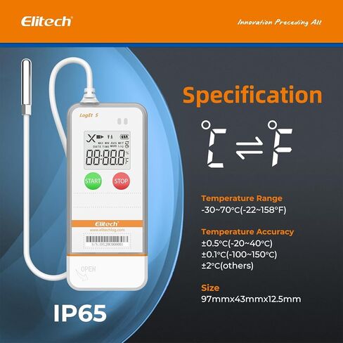 Elitech USB Digital Data Logger with Temperature Humidity External Probe Reusable Recorder with Shadow Data 32000 Points, Auto PDF/CSV Report, for Windows/MacOS, Refrigerator Thermometer LogEt5THE in Saudi Arabia