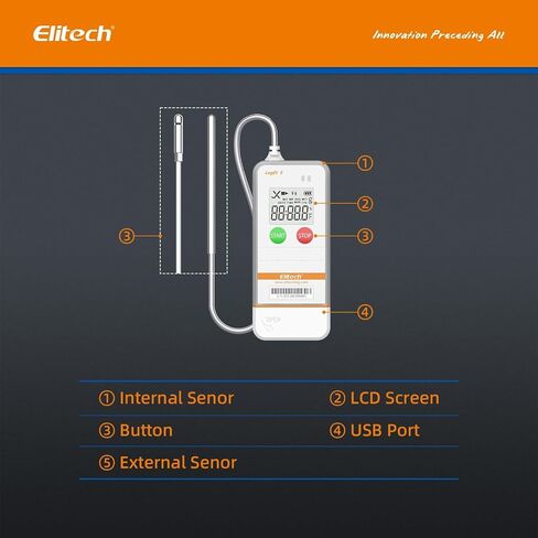 Elitech USB Digital Data Logger with Temperature Humidity External Probe Reusable Recorder with Shadow Data 32000 Points, Auto PDF/CSV Report, for Windows/MacOS, Refrigerator Thermometer LogEt5THE in Saudi Arabia