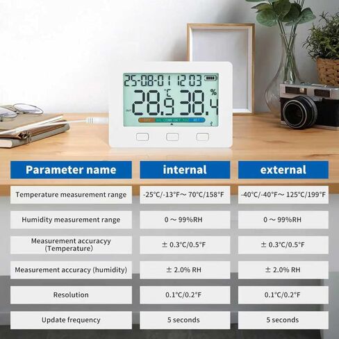 درجة الحرارة والرطوبة الداخلية، مستشعران داخل وخارج USB لتصدير 260000 مجموعة من تخزين البيانات، إنذار عالي ومنخفض، تحديث القيم في 5 ثوانٍ، مسجل البيانات in Saudi Arabia