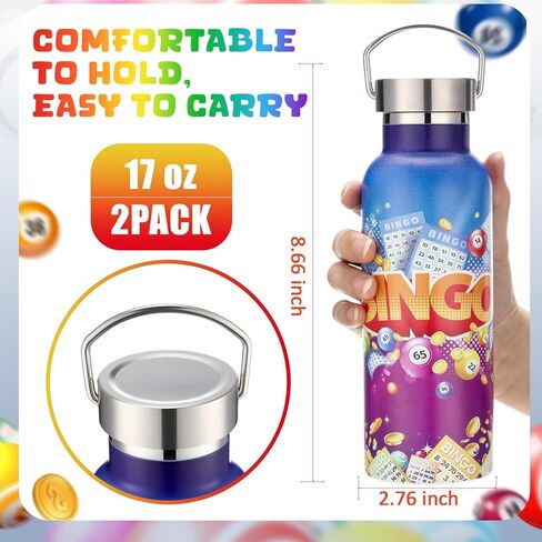 Geiserailie 2 Pack Bingo Tumbler Cups Bingo Prizes Gifts 17oz Stainless Steel Water Bottle Double Wall Insulated Bottle with Handle and Vacuum Seal Leakproof Lid for Seniors Adults Party in Saudi Arabia