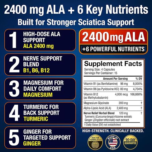 Sciatica Relief Supplement with 2400 mg Alpha Lipoic Acid – Maximum Strength Sciatic Nerve Support for Lower Back & Legs – 2400mg ALA, Vitamins, Magnesium, Turmeric & Ginger – 60 Capsules in Saudi Arabia