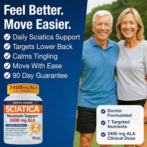 Sciatica Relief Supplement with 2400 mg Alpha Lipoic Acid – Maximum Strength Sciatic Nerve Support for Lower Back & Legs – 2400mg ALA, Vitamins, Magnesium, Turmeric & Ginger – 60 Capsules in Saudi Arabia