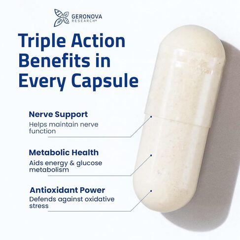حمض R-Lipoic المعزز حيويًا من Geronova Research، جرعة 600 مجم - كمية تكفي لمدة شهر واحد - حمض R ألفا ليبويك المستقر مع امتصاص معزز - مكمل حمض R Lipoic - 60 كبسولة in Kuwait