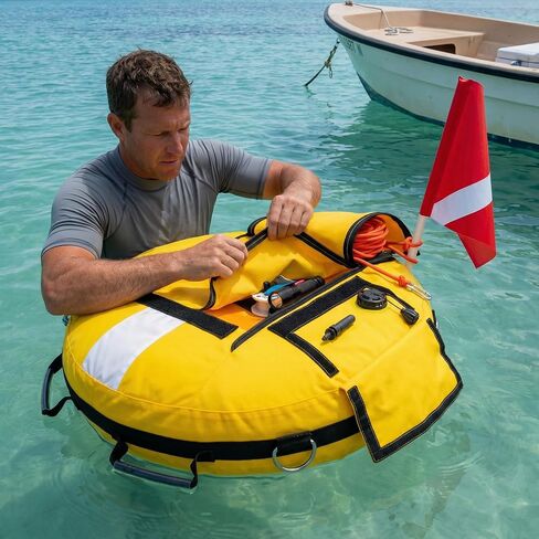 عوامة غطس مع علم، أصفر وأبيض، علامة أمان قابلة للنفخ بحبل in Kuwait