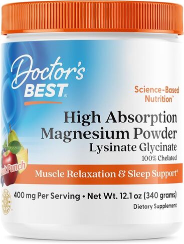 Doctors Best High Absorption Magnesium Powder Lysinate Glycinate 100% Chelated, Muscle Relaxation & Sleep Support, Gluten Free, Vegan, 100% Chelated Net Wt. 12.1 oz (340 Grams), Fruit Punch Flavor in Saudi Arabia