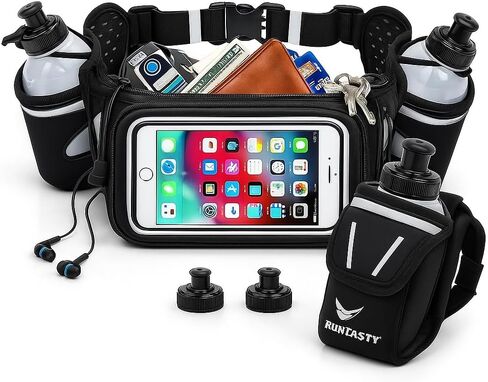 Hydration Bundle – Running Belt w/ 2 Bottles + 2-in-1 Handheld 12 oz Bottle & Belt Add-On + Push-Pull Replacement Lids – Waterproof Pockets, Touchscreen Cover, No-Bounce Design in Kuwait