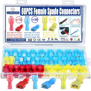 60PCS Female Spade Connector Kit, Nylon Spade & Terminal Connectors for 12-10, 16-14, 22-16 AWG Wire, Quick Disconnect Fully Insulated Crimp Terminals for Auto, Speaker, and Stereo Wiring in Kuwait