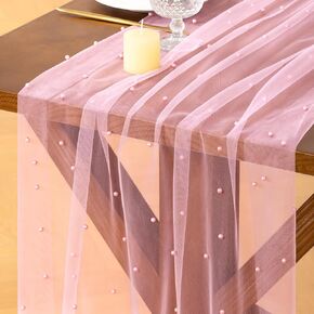 Socomi Pearl Table Runner Tulle Pink Spring Easter Cheesecloth 10FT Gauze Dining Wedding Birthday Party Baby Shower Anniversary Holiday Centerpiece Table Decor in Kuwait