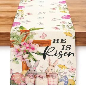 Easter Table Runner 13×72 Inch, Easter Decorations for Table Decor, Bunny Table Runner with Cross Flower, He is Risen Decors Spring Kitchen Dining Table Decor for Home in Kuwait