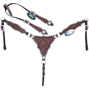 مجموعة تثبيت الرأس وياقة الصدر من الجلد الغربي، تجديل متقاطع من الجلد الخام، ونحت الزهور وأجزاء صلبة من النيكل العتيق، ومسمار حصان على طراز المصارع، جلد البقر الأرجنتيني in Kuwait