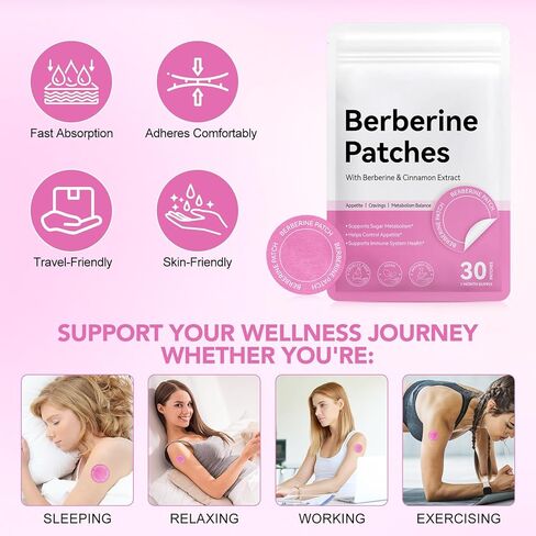 Berberine Patches, with Cinnamon, Pomegranate, 8-Hour Long-Lasting Formula Support for Women and Men, Applied to Various Parts of The Body, 30 Patches in Saudi Arabia