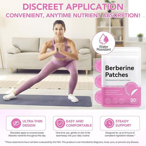 Berberine Patches, with Cinnamon, Pomegranate, 8-Hour Long-Lasting Formula Support for Women and Men, Applied to Various Parts of The Body, 30 Patches in Saudi Arabia