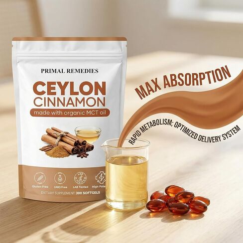 Primal Remedies Ceylon Cinnamon - 300 Softgels with MCT Oil, Highly Bioavailable, Non-GMO, Gluten Free, Vegan Capsules for Metabolism Support in Kuwait