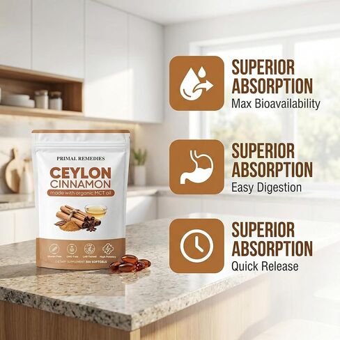 Primal Remedies Ceylon Cinnamon - 300 Softgels with MCT Oil, Highly Bioavailable, Non-GMO, Gluten Free, Vegan Capsules for Metabolism Support in Kuwait