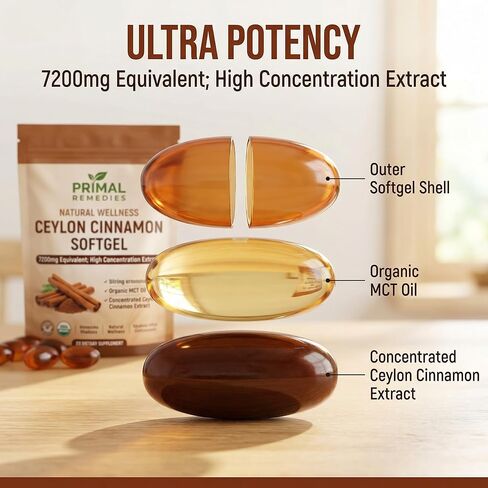 Primal Remedies Ceylon Cinnamon - 300 Softgels with MCT Oil, Highly Bioavailable, Non-GMO, Gluten Free, Vegan Capsules for Metabolism Support in Kuwait