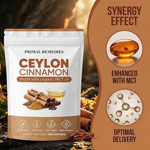 Primal Remedies Ceylon Cinnamon - 300 Softgels with MCT Oil, Highly Bioavailable, Non-GMO, Gluten Free, Vegan Capsules for Metabolism Support in Kuwait