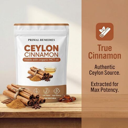 Primal Remedies Ceylon Cinnamon - 300 Softgels with MCT Oil, Highly Bioavailable, Non-GMO, Gluten Free, Vegan Capsules for Metabolism Support in Kuwait