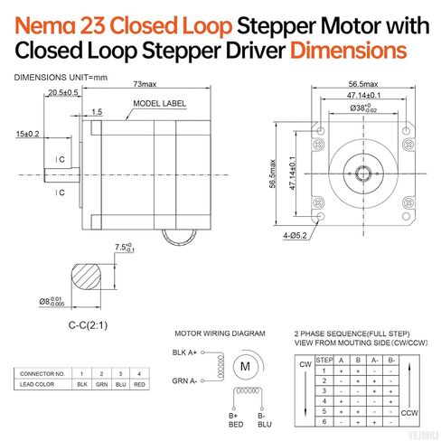 Nema 23 Closed Loop Stepper Motor with Integrated Closed Loop Stepper Driver 1.8‌°‌ 2 Phase High Torque 1.1Nm(155.77oz·in) Bipolar 4.0A 0.45Ω 73mm Cable 0.3M for CNC Mill Lathe in Kuwait