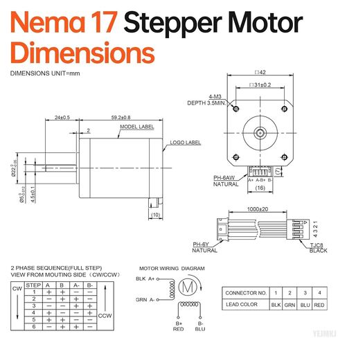 5Pack Nema 17 Stepper Motor 2 Phase 1.8‌°‌ 0.84Nm(118.95oz·in) High Torque Bipolar 60mm 1.1Ω 2.3A 4-Wire Shaft 24mm φ5mm 42 Stepper Motor Cable 1M for 3D Printer DIY Robot CNC Machine in Kuwait