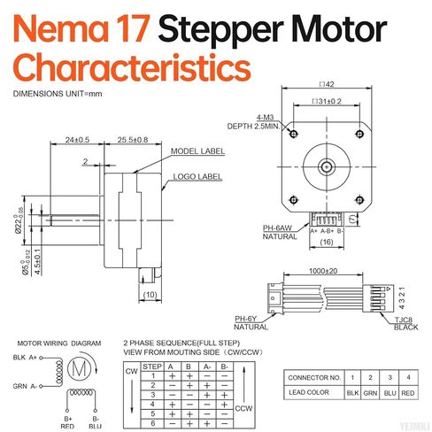 5Pack Nema 17 Stepper Motor 2 Phase 1.8‌°‌ 0.26Nm(36.82oz·in) High Torque Bipolar 26mm 1.1Ω 2.0A 4-Wire Shaft 24mm φ5mm 42 Stepper Motor Cable 1M for 3D Printer DIY Robot CNC Machine in Kuwait