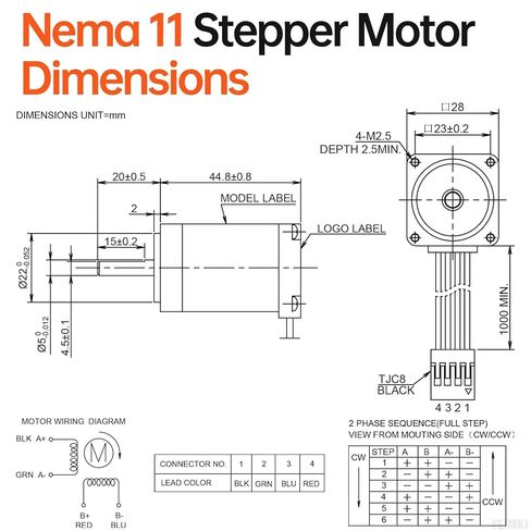 Nema 11 Stepper Motor 2 Phase 1.8‌°‌ 13Ncm(18.41oz·in) High Torque Bipolar 45mm 7.3Ω 0.8A 4-Wire Shaft 20mm φ5mm 28 Stepper Motor Cable 1M for 3D Printer DIY Robot CNC Machine in Kuwait