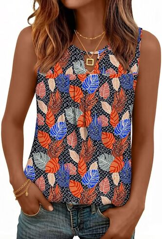 SUNNEGOO Womens Summer Tank Tops Sleeveless Cute Loose Fit Dressy Casual Flowy Blouses Printed Pleated Shirt Trendy Tunic in Kuwait