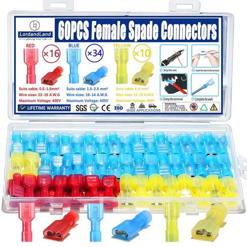 60PCS Female Spade Connector Kit, Nylon Spade & Terminal Connectors for 12-10, 16-14, 22-16 AWG Wire, Quick Disconnect Fully Insulated Crimp Terminals for Auto, Speaker, and Stereo Wiring in Kuwait