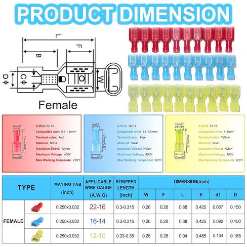 60PCS Female Spade Connector Kit, Nylon Spade & Terminal Connectors for 12-10, 16-14, 22-16 AWG Wire, Quick Disconnect Fully Insulated Crimp Terminals for Auto, Speaker, and Stereo Wiring in Kuwait