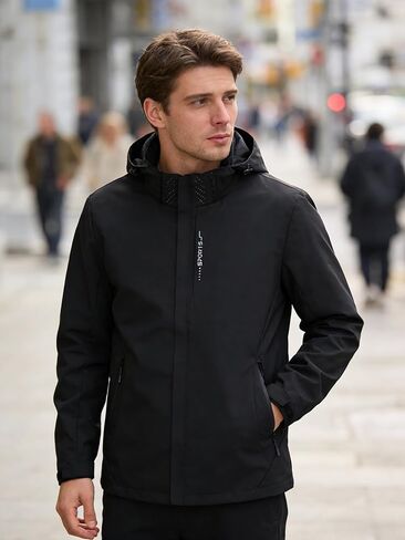 Men's Hooded Windproof Jacket with Zipper Pockets for Outdoor Hiking Commute Casual Daily Wear Lightweight Water-Resistant in Saudi Arabia