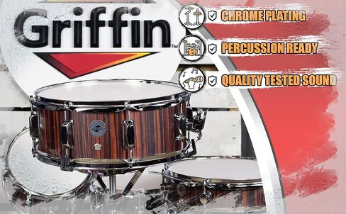 طبلة GRIFFIN Snare Drum - 14 بوصة × 5.5 بوصة (إصدار PoplarPro) غلاف خشبي مع PVC هيكوري أسود، رأس مطلي، غطاء كمين، مفتاح و8 عروات ضبط in Saudi Arabia