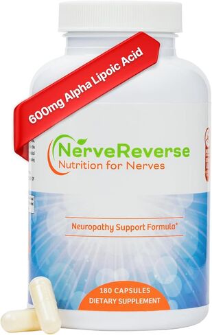 تركيبة دعم الاعتلال العصبي NerveReverse - حمض ألفا ليبويك 600 مجم، بنفوتيامين بقوة إضافية، B12، B9، B6، وD3 - دعم الأعصاب والطاقة والتمثيل الغذائي - نباتي - 60 كبسولة، شهر واحد in Kuwait