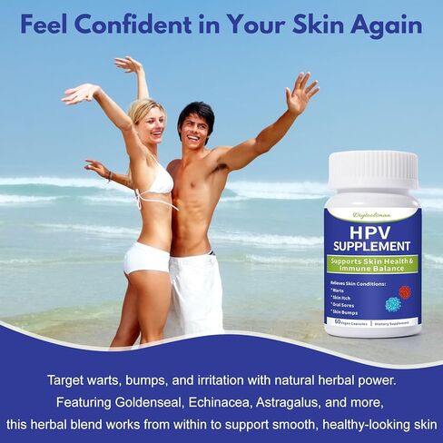 مكمل دعم الجلد لفيروس الورم الحليمي البشري - تركيبة عشبية لإزالة الثآليل والصدمات والقروح وحكة الجلد - يدعم صحة البشرة وتوازن المناعة - مع استراغالوس وإشنسا ونوني - 60 كبسولة نباتية NDC in Kuwait