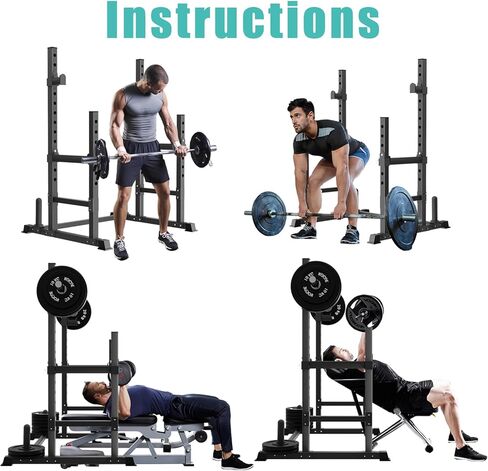 حامل القرفصاء القابل للتعديل ورف ضغط المقعد من VivZen - محطة رفع الأثقال متعددة الوظائف مع أذرع مراقبة وتخزين لوحة الوزن - معدات رياضية منزلية شديدة التحمل بوزن 600 رطل (ارتفاع 34 بوصة - 57 بوصة) in Kuwait