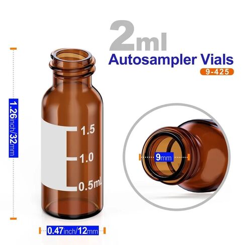 100 قطعة من زجاجات العينات الأوتوماتيكية 2 مل HPLC 9-425 زجاجات قنينة زجاجية كهرمانية مع بقعة كتابة وأغطية لولبية ABS مقاس 9 مم وحاجز مسبق الشق in Saudi Arabia