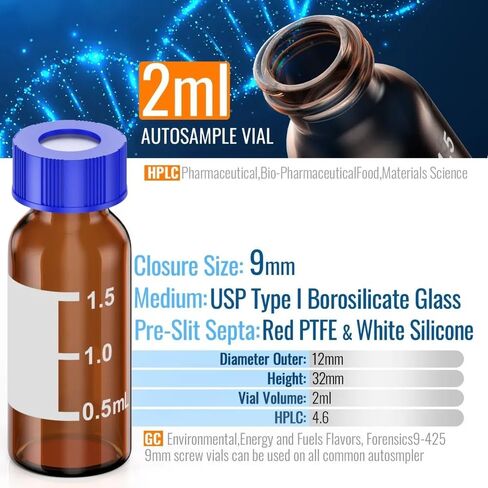 100 قطعة من زجاجات العينات الأوتوماتيكية 2 مل HPLC 9-425 زجاجات قنينة زجاجية كهرمانية مع بقعة كتابة وأغطية لولبية ABS مقاس 9 مم وحاجز مسبق الشق in Saudi Arabia