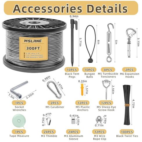 1/8" Black Wire Rope Kit 300FT 304 Stainless Steel Vinyl Coated with M5 Turnbuckles, 7x7 Strand Core Aircraft Cable for String Light, Picture Hanging, Clothesline, Curtain, and Plant Trellis in Kuwait
