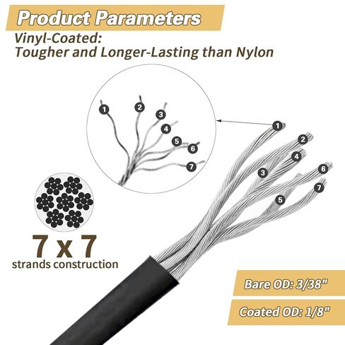 1/8" Black Wire Rope Kit 300FT 304 Stainless Steel Vinyl Coated with M5 Turnbuckles, 7x7 Strand Core Aircraft Cable for String Light, Picture Hanging, Clothesline, Curtain, and Plant Trellis in Kuwait