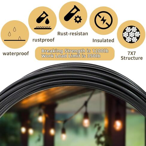 1/8" Black Wire Rope Kit 300FT 304 Stainless Steel Vinyl Coated with M5 Turnbuckles, 7x7 Strand Core Aircraft Cable for String Light, Picture Hanging, Clothesline, Curtain, and Plant Trellis in Kuwait